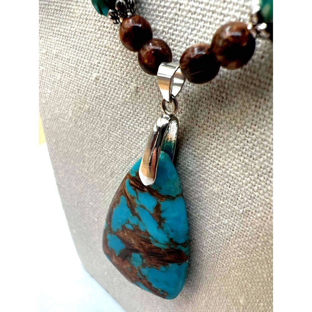 NEW Handmade Brown And Bluegreen Beaded Faux Turquoise Necklace - Picture 4 of 12